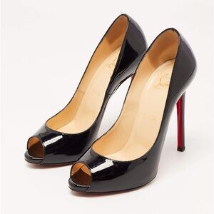 Christian Louboutin Black Patent Leather Peep Toe Pumps Heels size 38 100mm